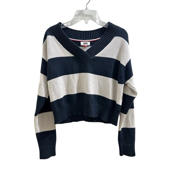 Tommy Jeans Navy & White Striped V-neck Cropped Pullover Knit Sweater XS/S EUC - Picture 1 of 8